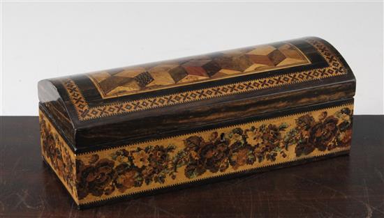 A Victorian Tunbridgeware dome top glove box, by Thomas Barton, 9.5in.